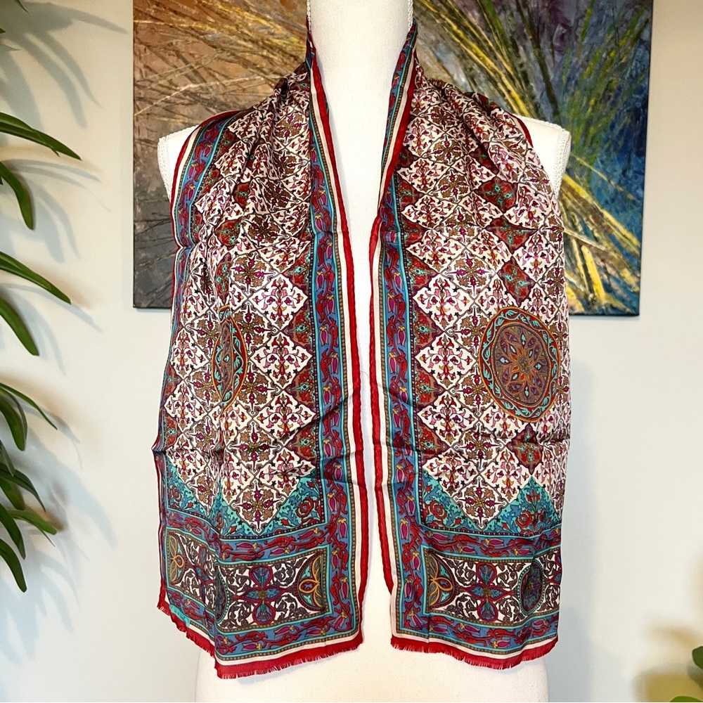 SOLD- Vintage Oscar de la Renta rectangular silk scarf in teal & red paisley